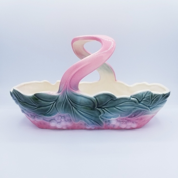 Vintage 1950's Hull Pottery Planter with Handle Green & Pink - Picture 5 of 11